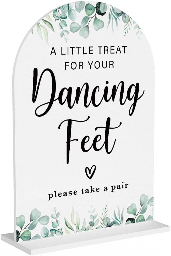 Acrylic Wedding Sign A Little Treat for Your Dancing Feet Signs for Ceremony Modern Calligraphy Arch Acrylic Table Top Signs for Wedding Reception and Event Party Table Decor (White Eucalyptus Leaves)