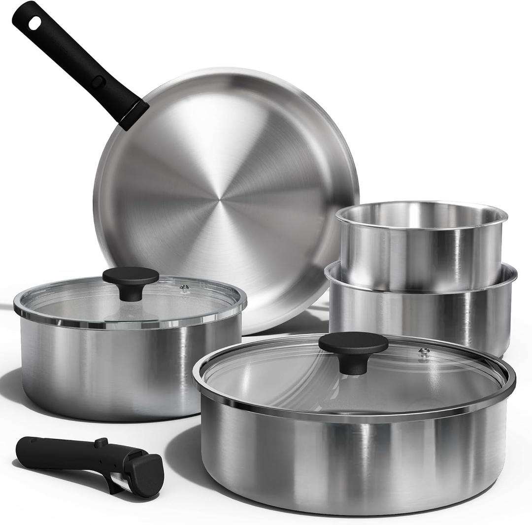 CAROTE Pots and Pans Set, Stainless Steel Cookware Set Detachable Handle, 9pcs Induction Kitchen Cookware Sets with Removable Handle, RV Cookware Set, Oven Safe (Brushed Black)