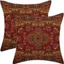AEIOAE Boho Pillow Covers 20 x 20 Inch Set of 2 Red Gold Bohemian Decorative Throw Pillow Outdoor Linen Square Farmhouse Vintage Retro Carpet Pillowcases for Sofa Couch Home Decor