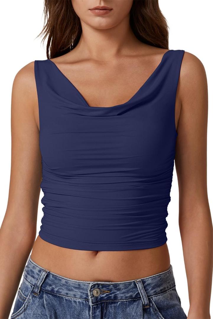 QINSEN Women's Cowl Neck Top Sleeveless Ruched Double Lined Crop Top Y2k T Shirts,