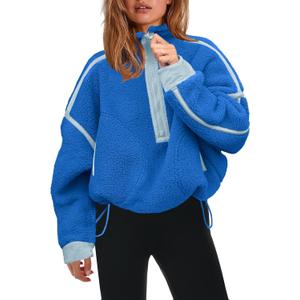 Panadila Womens Half Zip Sherpa Fleece Pullover Soft Oversized Sweatshirt with Pockets Warm Fuzzy Sweater (Small, Bright Blue)