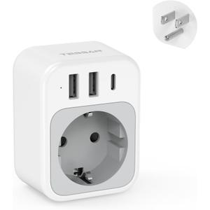 TESSAN EU to US Plug Adapter, European Travel Adaptor with 1 AC Outlet and 3 USB Ports(1 USB C), Most of Europe Germany France Korea Greece Type C/E/F Plugs to US Power Adapter