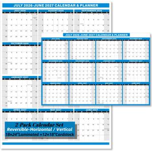 2026-2027 Academic Calendar 2 Pack Set -18x24" Laminated and 12x18" Cardstock, 12 Month July 2026 to June 2027, Reversible Vertical/Horizontal, for Office, Home, School