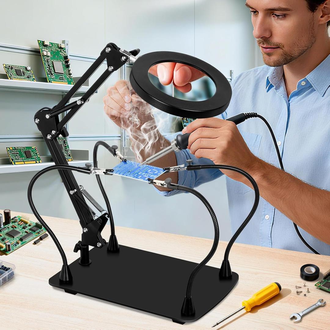 10X Magnifying Glass with Light and Stand, KUVRS Magnetic Helping Hands Soldering Station, PCB Holder Magnifying Lamp, 3 Color Adjustable Arm Hands Free Magnifier with Light for Soldering Craft Hobby (On-line Switch)