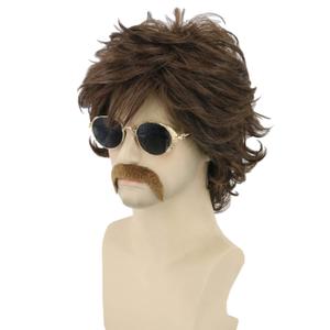 70s Mens Wigs Brown Short Wavy Shaggy Wig Cosplay Halloween Costume Wigs+Wig Cap and Beard