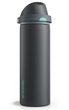 Insulated Water Bottle with Straw  Encool Stainless Steel Water Bottle with Push Button Lid, LeakProof & BPAFree, Keeps Cold for 24 Hours for Sports, Travel, Gym (18 oz, Tuna GreyGreen)