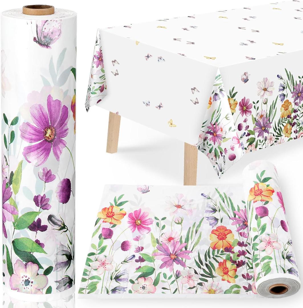 Pickmesh Wildflower Tablecloth Roll 100 ft x 52 Inch Vintage Floral Plastic Table Cover Roll Wildflower Party Dinner Decorations Disposable Plastic Tablecloth for Wedding Birthday Home Tea Party