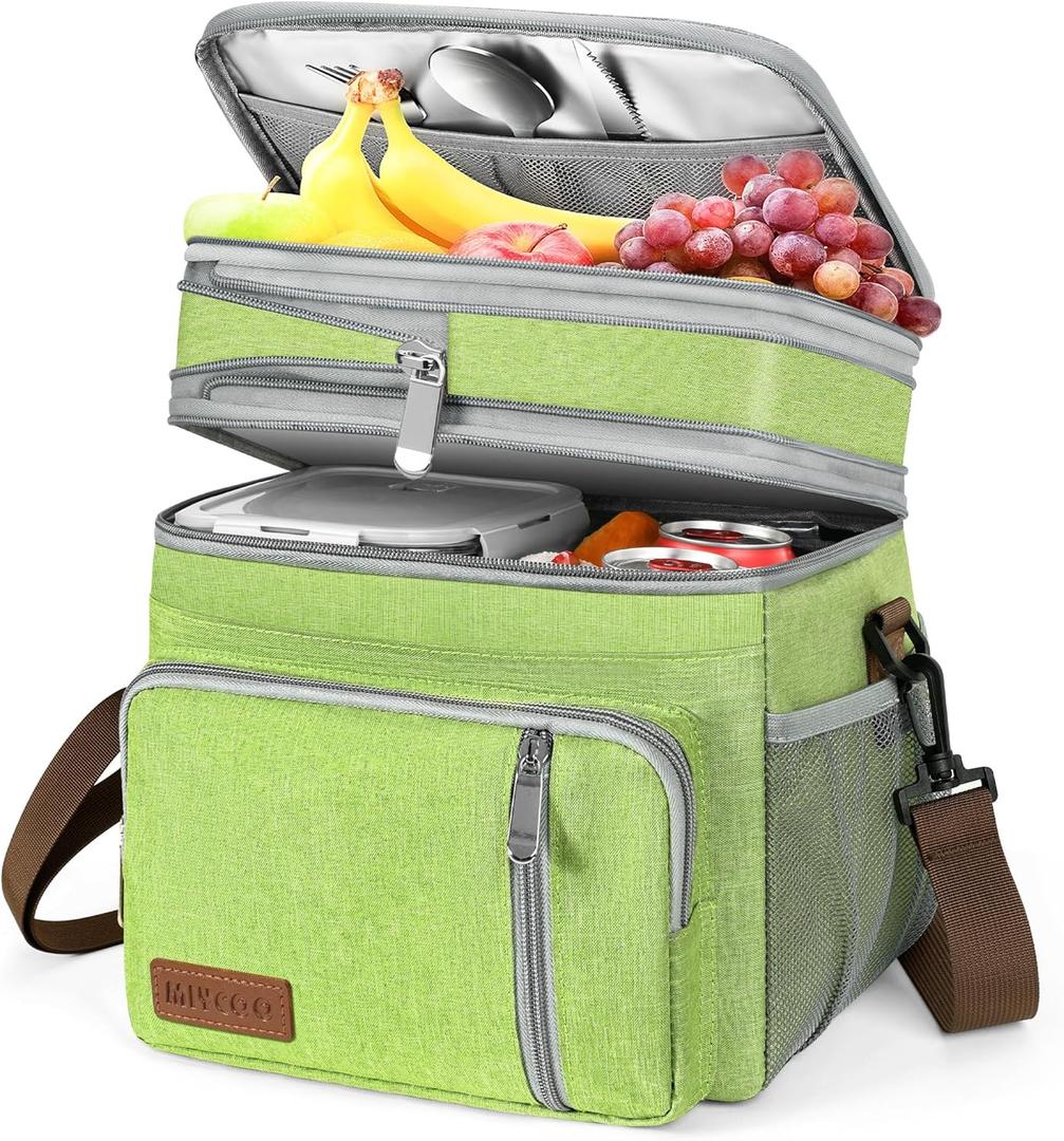 MIYCOO Lunch Bag & Lunch Box for Women Men Double Deck - Leakproof Insulated Soft Large Adult Lunch Cooler Bag for Work, Beach, Picnic, Camping, Travel (Green,15L)