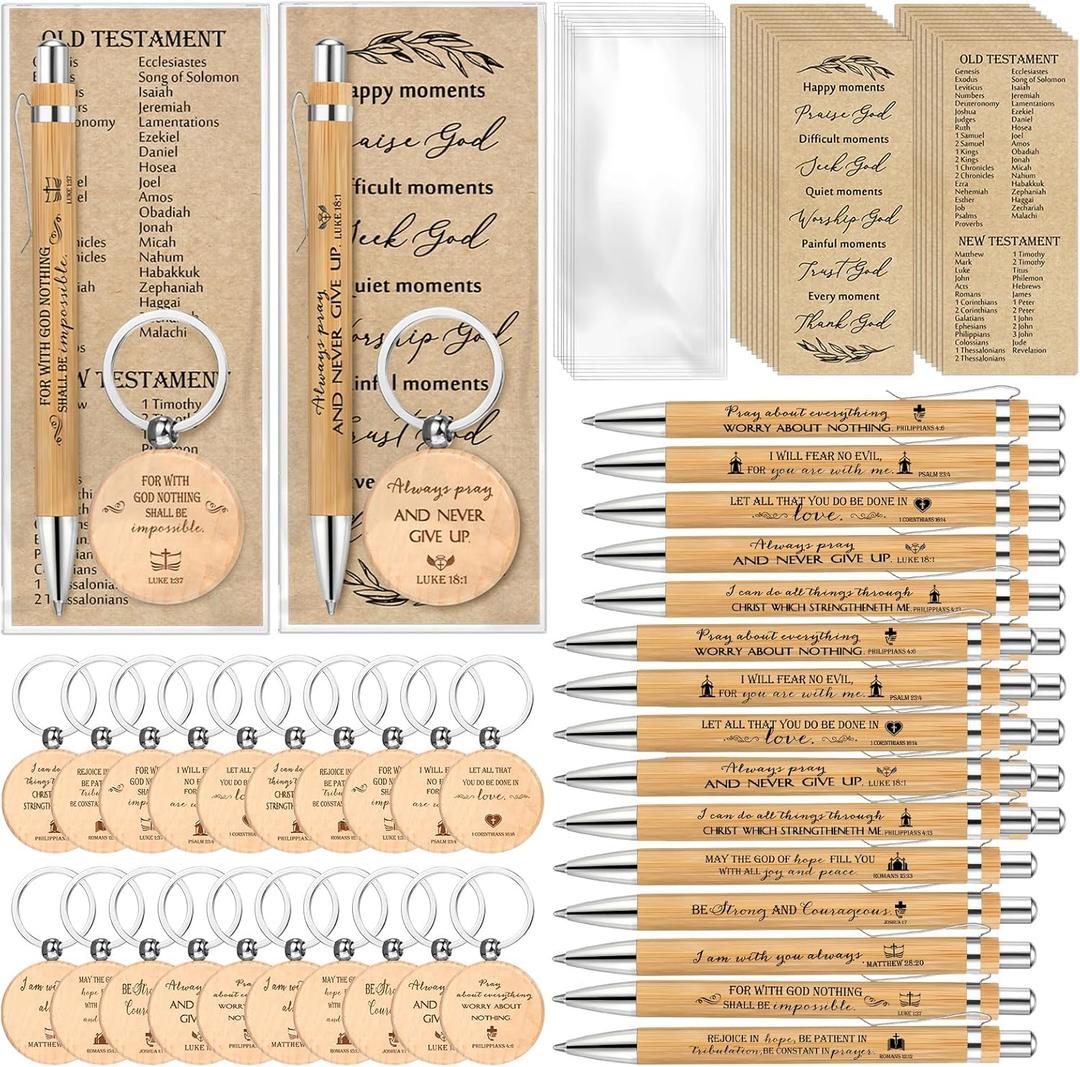 Lincia 20 Sets Bulk Christian Gifts for Women Men Christian Pens Bible Verse Bamboo Pens Bookmarks and Keychains Inspirational Religious for Back to School Gifts Church Teacher Fathers
