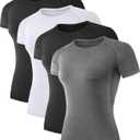 TELALEO 4 Pack Women's Compression Shirt Running Athletic T-Shirts Workout Tops Baselayer Short Sleeve Yoga Gym Sports Gear (Gray, L)