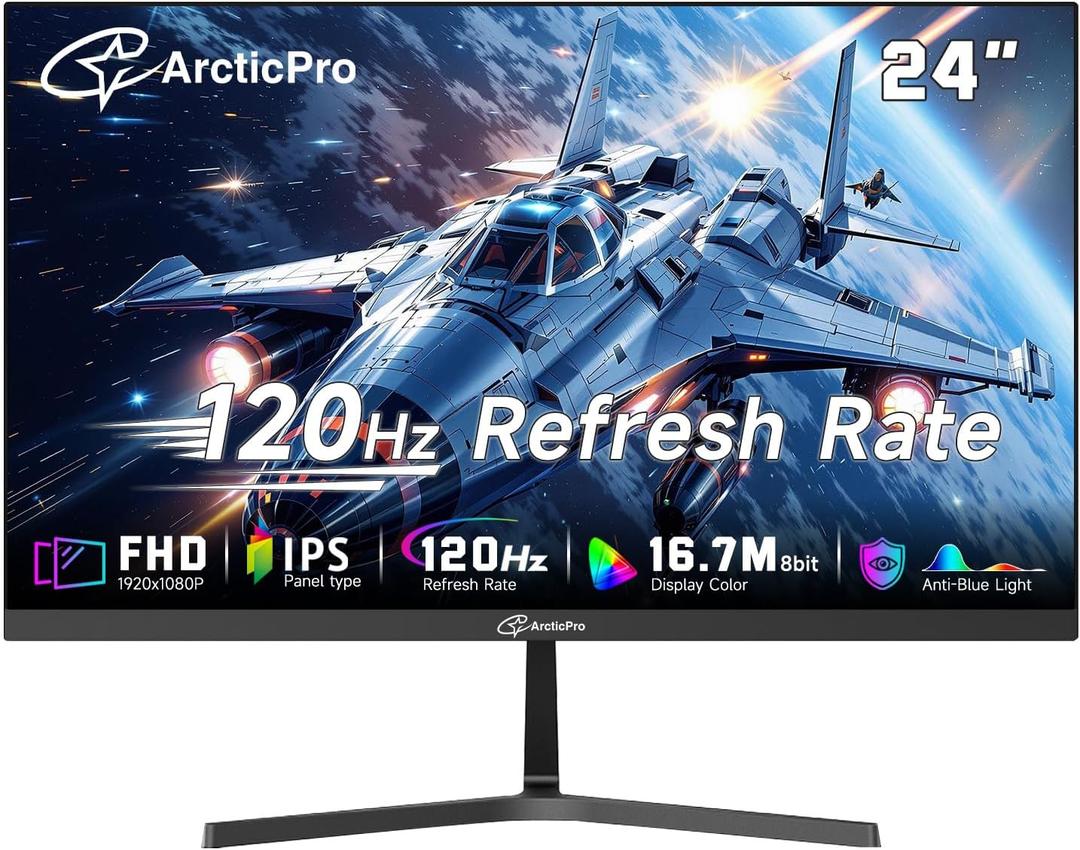 ArcticPro Monitor 24 inch Monitor 120Hz, FHD 1080p, Computer Monitor, IPS, 99% sRGB, 1ms Response Time, 3-Sided Frameless, Ultra Slim, VESA Mountable, Anti-Blue Light Design, HDMI & VGA Ports