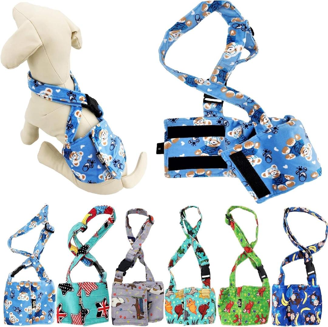 Dog Diaper for Male Boy Belly Band Reusable Washable with Suspenders Soft Fleece (Blue Bear, L: Waist 16" - 19")