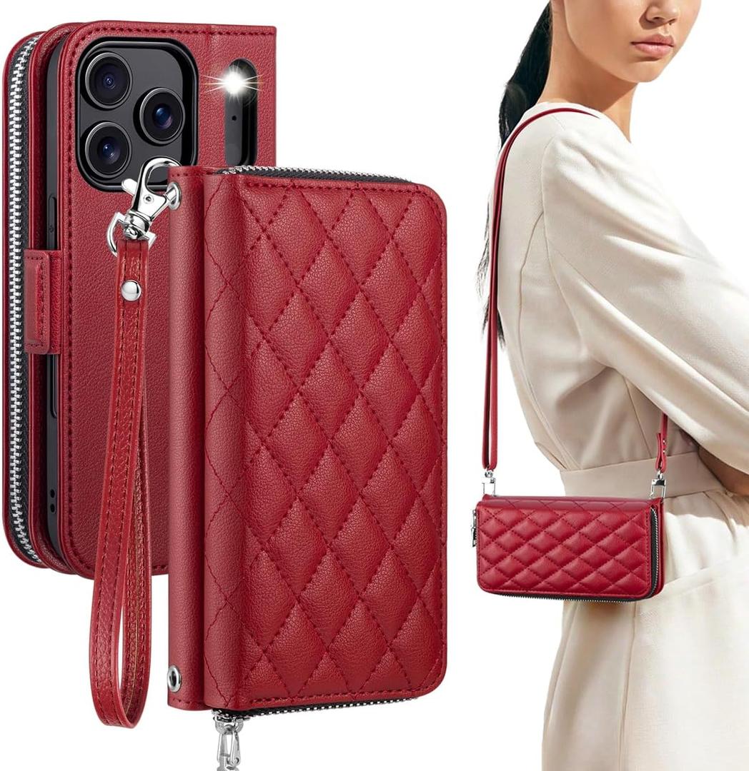 OCASE for iPhone 17 Pro Crossbody Wallet Case  Stylish PU Leather Handbag Phone Purse with Zipper Closure, Card Slots & RFID Blocking  Wrist Strap, Lanyard, Kickstand  Diamond Check Red