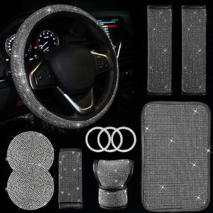 11 Pcs Car Decoration Set,Bling Car Decoration Set for Women,Universal Fit 15 Inch,Rhinestone Center ConsoleCover(White)