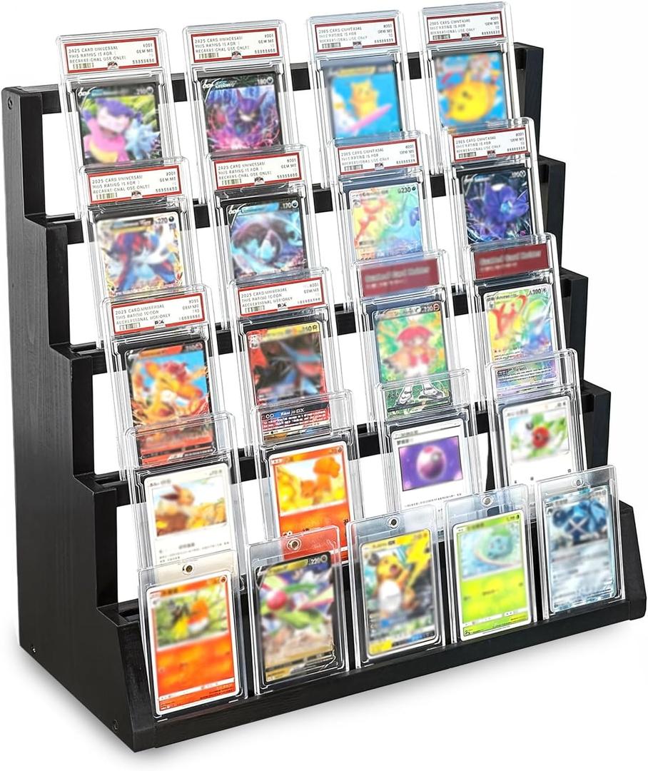 Trading Card Display Stand - 5-Tier Wooden Baseball Graded Card Display for PSA Slab, Card Stands for Sports Cards Collector, Pine Wood