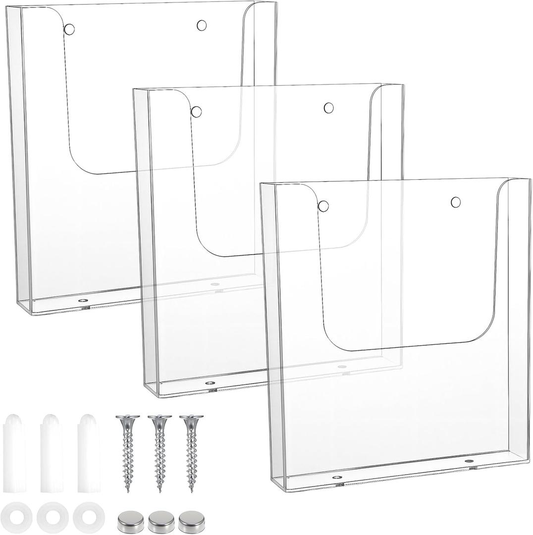 3 Pack Acrylic Brochure Holder Wall Mount, 8.5 x 11 inch Clear Plastic Flyer Holder Literature Organizer Pamphlet Magazine Display Stand for Office, School, Exhibition with Installation Tools