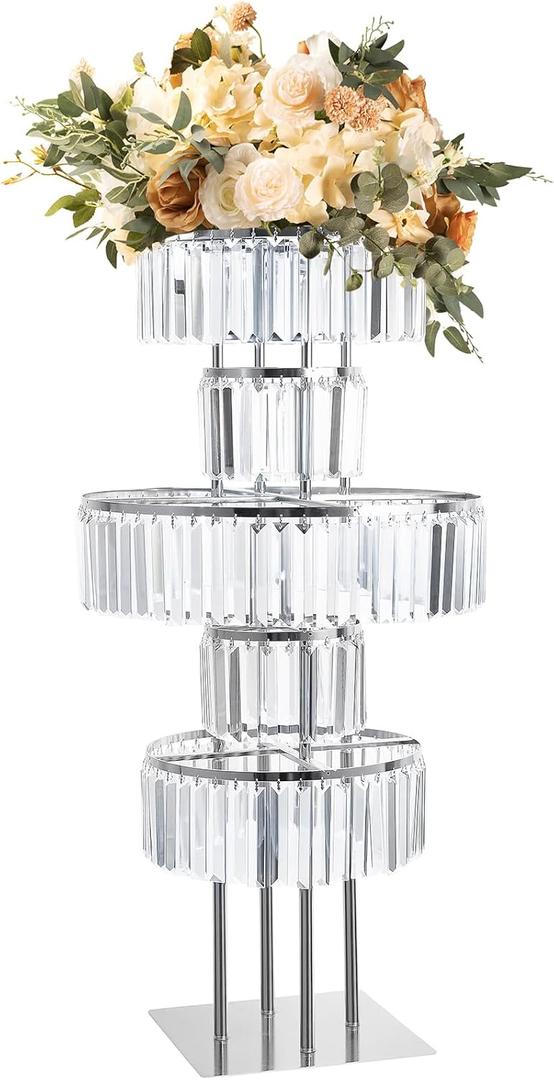 Bigsee Silver Vases Centerpieces Crystal Flower Stand with Hanging Crystals, 5 Tier Round Chandelier Pedestal Stand for Wedding Road Lead T Stage Flower Arrangement Decoration