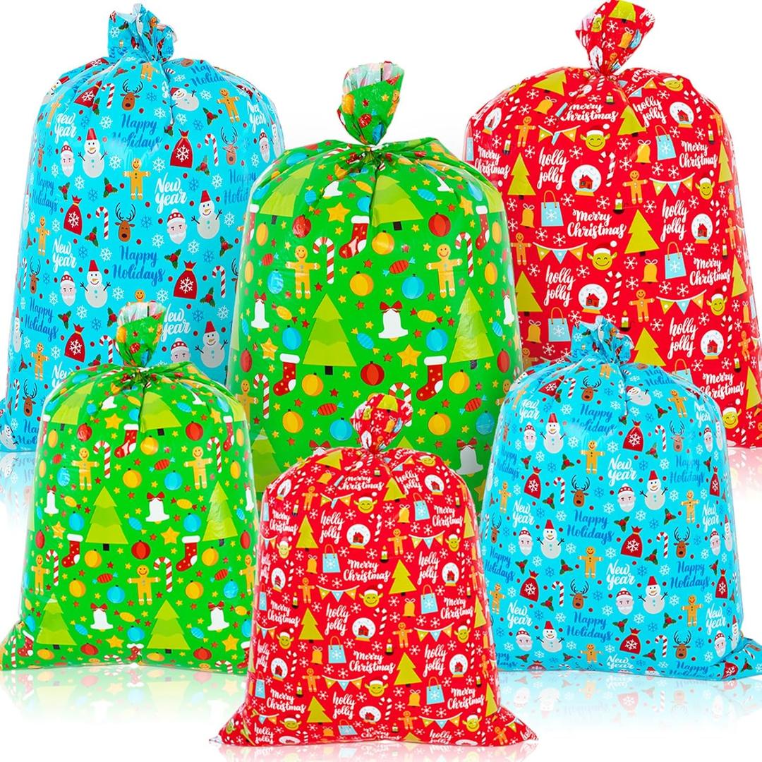 GuassLee 6pcs Large Christmas Gift Bag for Presents Jumbo Plastic Goody Bag Giant Gift Bag Assorted Size 49"X35.5" and 36.4 X 34.5 with Gift Tag Card for Christmas Big Gift Wrapping Bag