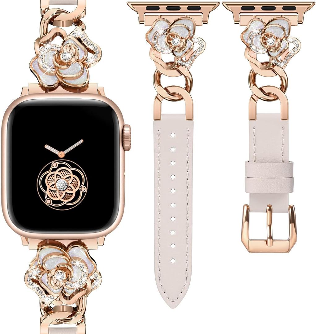 Minyee Compatible with Apple Watch Band 42/41/40/38/44/45/46/49mm Women, Dressy Slim Elegant Leather Metal Chain Strap with Bling Camellia Charms for iWatch Series 11 10 9 8 7 6 5 4 SE/Ultra 3 2 1 (Starlight/Rose Gold)
