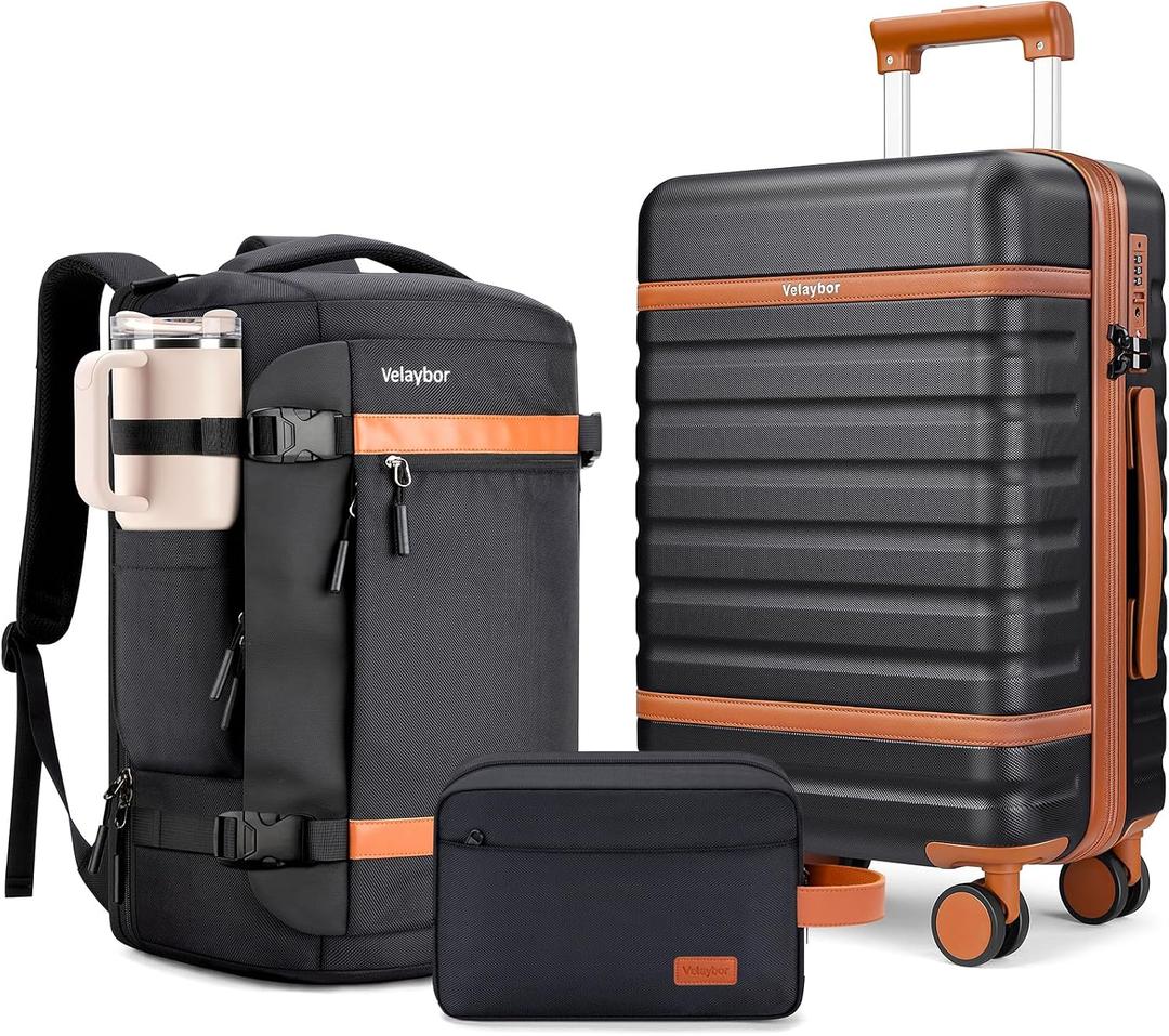 Luggage Sets 3 Piece with Spinner Wheels, Lightweight PC Hardside Suitcase with TSA Lock & YKK Zippers, 20 Inch Carry On Luggage with Travel Bag for Men and Women, Black