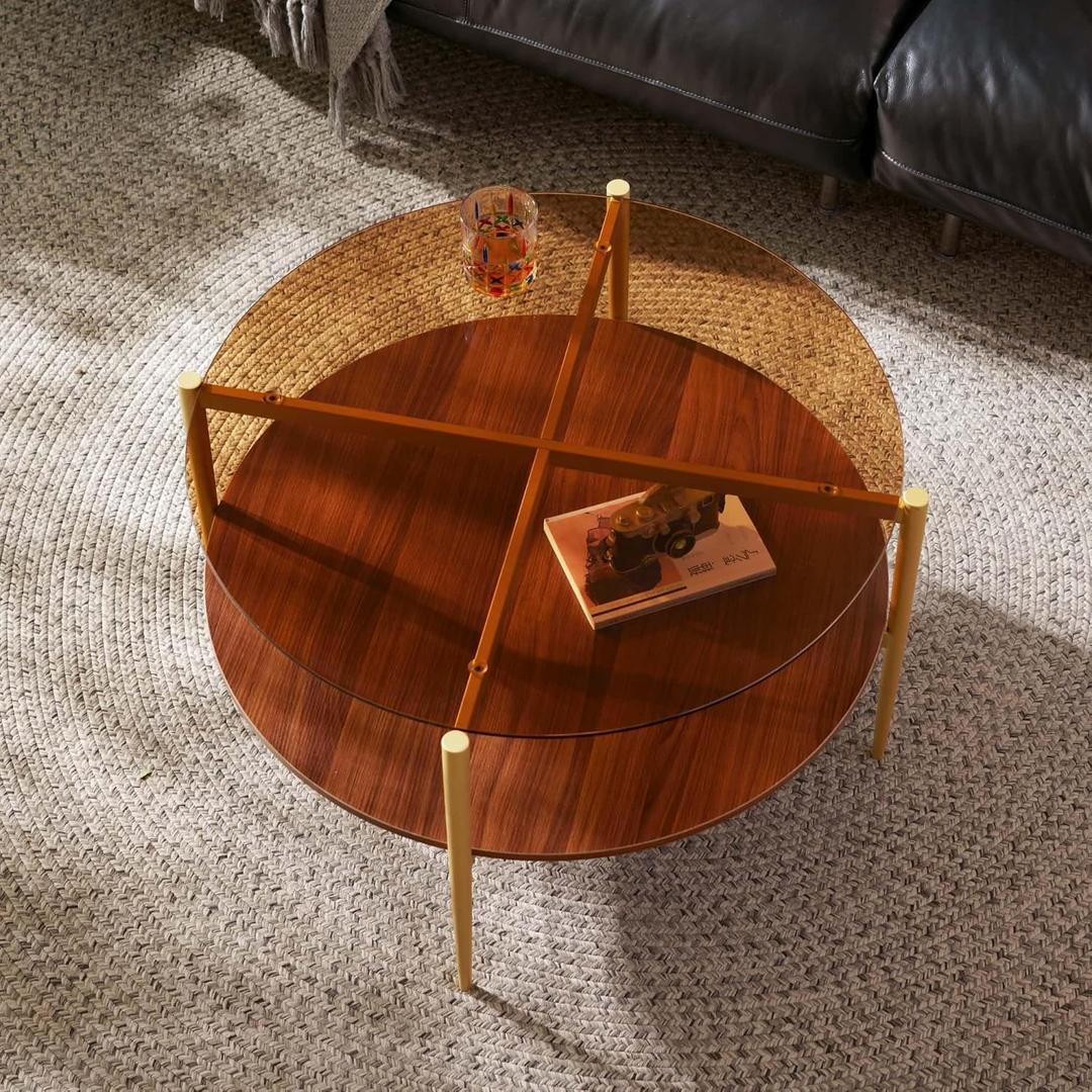 Saint Mossi Glass Round Coffee Table for Living Room, Middle-Century Modern Style, Coffee Brown Glass Top & Walnut Brown MDF Wood Top, with Gold Finish Legs & Frame, Small, Color: Brown/Walnut, 30"D x 30"W x 17"H