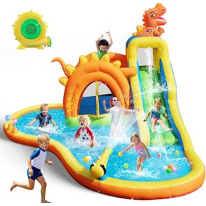 Dinosaur Inflatable Water Slide Park - 7 in 1 Bounce House with Slide, Jump Area, Splash Pool, Climbing Wall & Basketball Hoop | 480W Blower Included | Indoor/Outdoor Backyard Play for Kids 3-10
