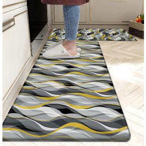Tapetes de cocina para piso, alfombras de cocina modernas abstractas a rayas grises y amarillas, antifatiga, impermeables, acolchadas, antideslizantes, para cocina, juego de 2, 17.3 x 28 + 17.3 x 47