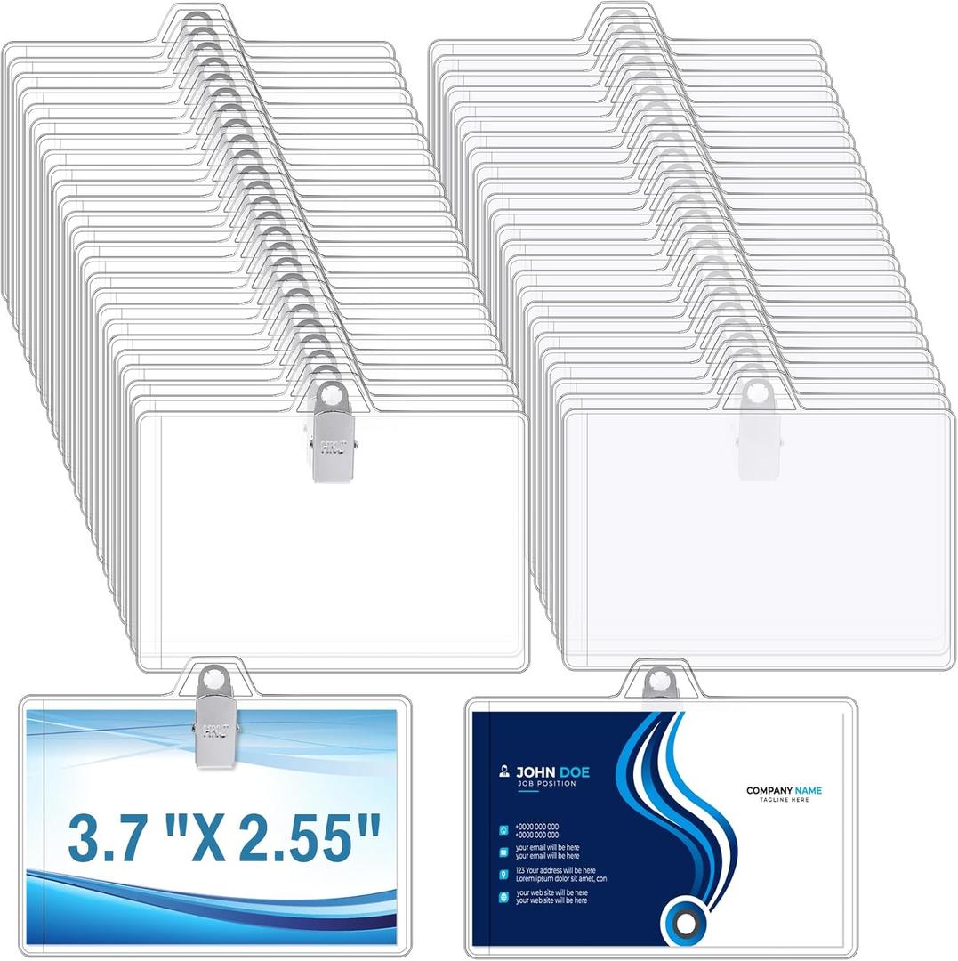 Zonon 150 Sets Name Badge Holders with Clip Clear on Name Tag Waterproof PVC ID Transparent Badge Holder with Resealable Zipper Seal Metal for Teacher Student Worker (Fixed Clips)