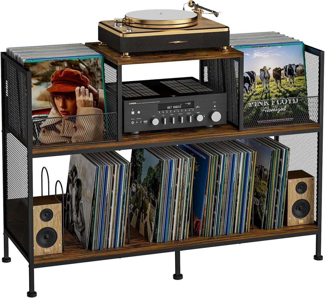 Large Vintage Record Player Table with 4 Adjustable Dividers, Vinyl Record Storage Cabinet for Up to 350 Albums, Medieval Turntable Stand for Living Room, Bedroom, Office (Patent Pending)