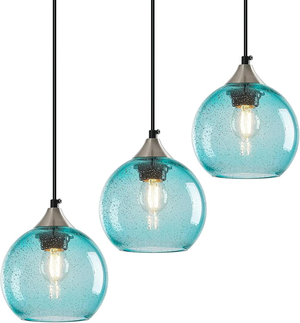 Light Blue Glass Pendant Lights Kitchen Island Globe Pendant Light Fixtures Modern Pendant Lighting for Bedroom Living Dining Room Light Fixture (5.9 in, 3 Pack)