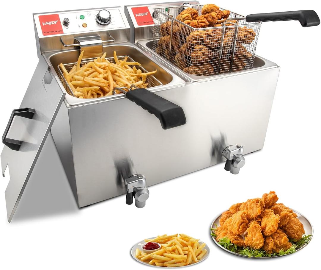 Valgus Dual Tanks Commercial Deep Fryer Electric 1700W 120V 26L Large Capacity Stainless Steel Countertop Kitchen Frying Machine with Basket & Lid, Drain System for Home Kitchen and Restaurant (13L+13L)