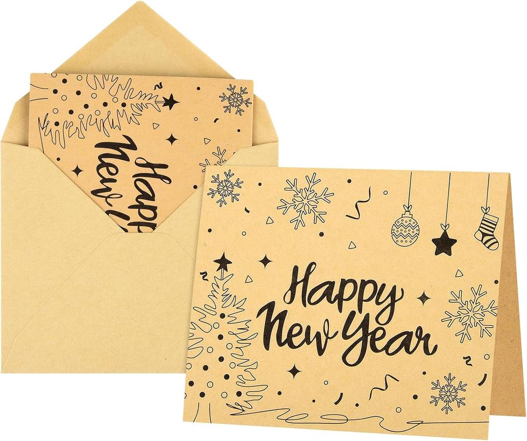 Morcheiong 36pcs Happy New Year Greeting Cards with Envelopes and Stickers Kraft Holiday Note Cards Blank Inside - Classic Style