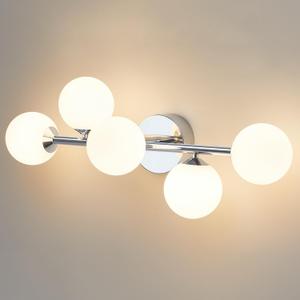 Mid Century Modern Bathroom Vanity Lights - 5-Light Chrome Dimmable LED Fixtures with Frosted Milk Glass, Wall Sconces Included