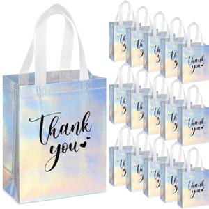 SilTriangle 50 Pcs Thank You Gift Bags with Handles Bulk Reusable Non Woven Bags Bridesmaid Souvenir Handbags for Wedding Easter Graduation Sorority Birthday(10 x 8 x 4 Inch,Laser)