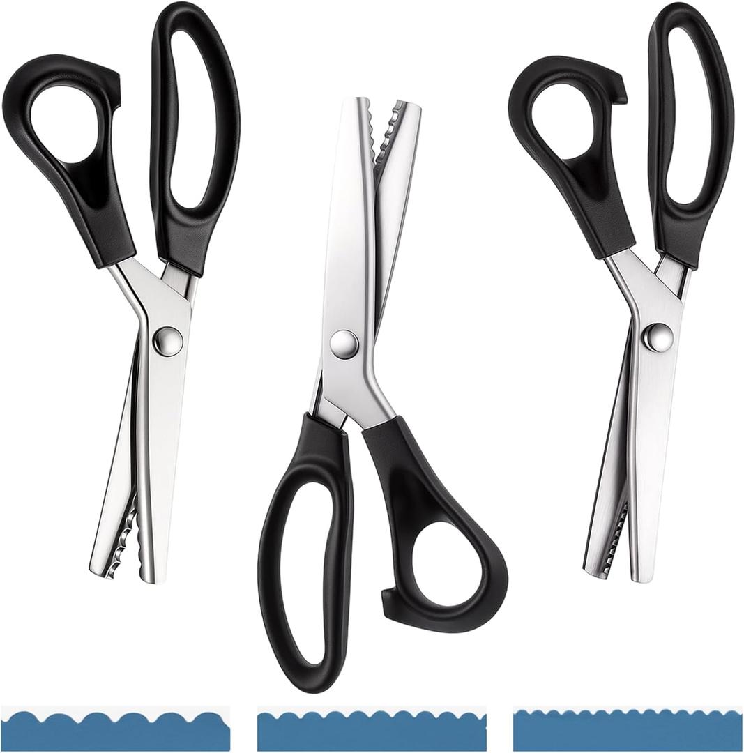 3 Sizes Pinking Shears for Crafting and Paper Cutting, 3mm, 5mm, 7mm Scalloped Scissors, 9.3'' Zig Zag Scissors Handheld Serrated Jagged Dressmaking Supply for Leather Fabric Craft Paper