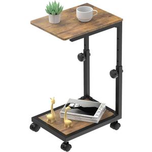 C Shaped End Table with Rolling Wheels, Height Adjustable Sofa Side Table for Small Space Bedroom, Industrial TV Tray Couch Table Cart for Living Room, Retro Brown & Black