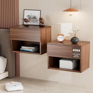 Floating Nightstand, Modern Wall Mounted Bedside Table with Drawer, Wood Bedside Shelf & Desk, End Table Wood Modern Night Stand for Bedroom (Walnut QD1, Set of 2)