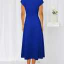 Happy Sailed Women's Spring Summer Short Sleeve Cowl Neck Ruched Waist Flowy A Line Midi Dresses Party Cocktail Dress (Blue, XL)
