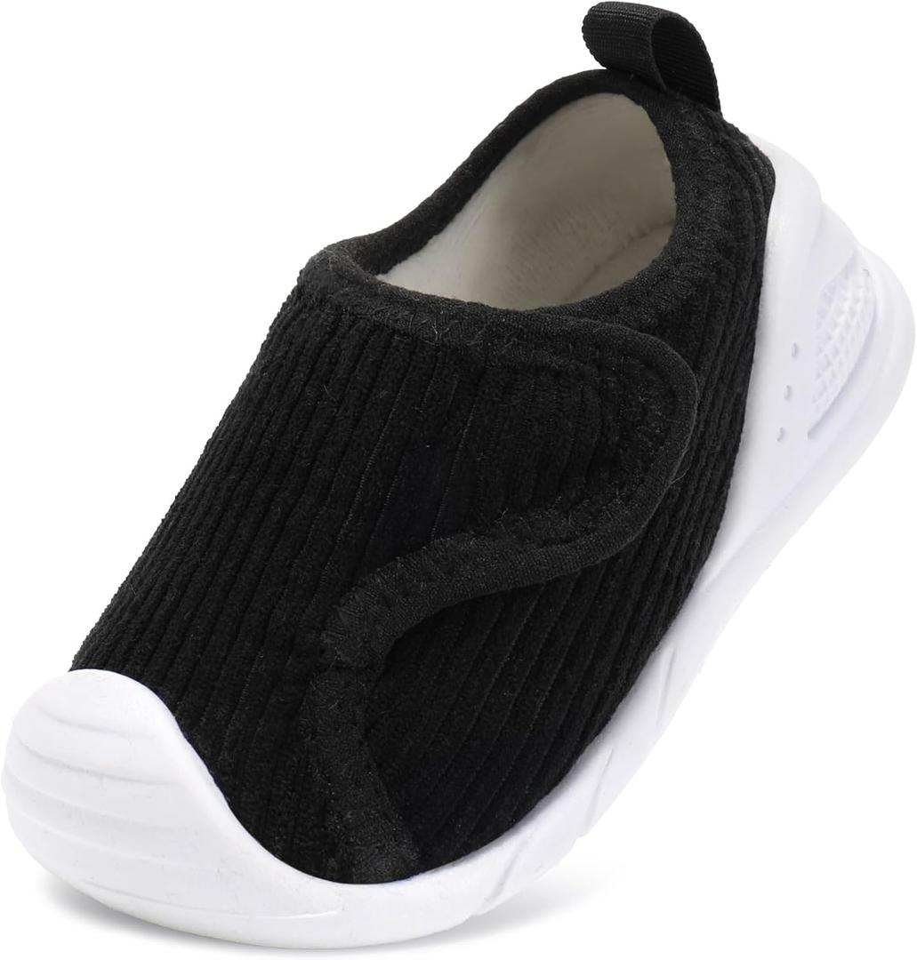 Baby Wide Toe Box Boys Girls Shoes Toddler Barefoot First Walking Sneakers with Hook and Loop 6 9 12 18 24 Month (Black)
