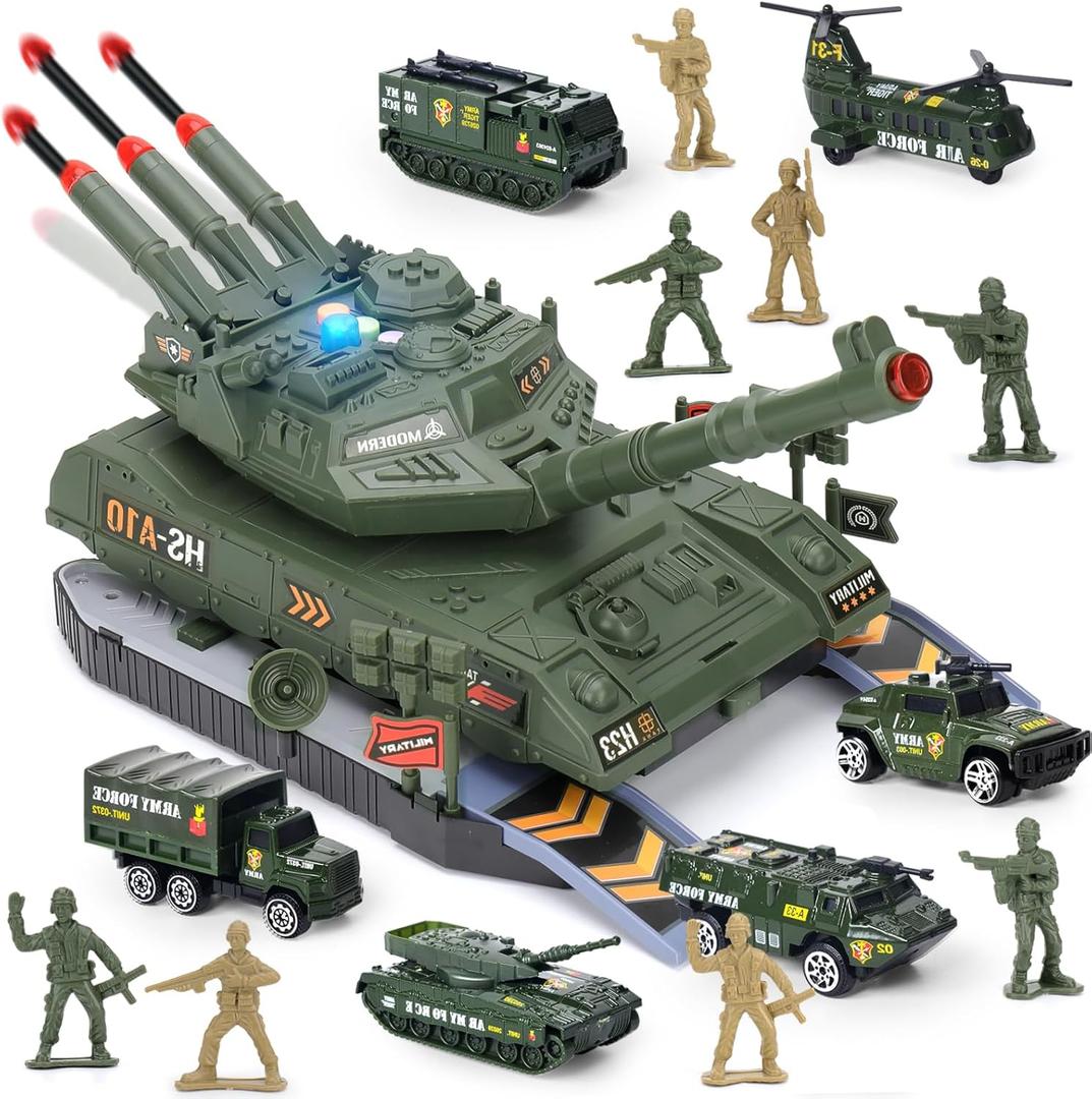 6-Piece Die-Cast Army Tank Set for Boys 3-6, with 8 Soldier Figures, Military Toys with Light & Sound, Launchable Missile Tanks (Green)