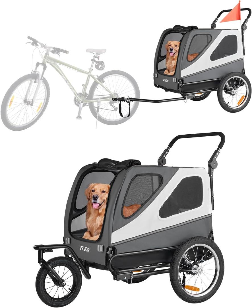 VEVOR Dog Bike Trailer, Supports up to 100 lbs, 2-in-1 Pet Stroller Cart Bicycle Carrier for Small & Large Dogs, Easy Folding Frame with Quick Release Wheel, Universal Bicycle Coupler, Internal Leash