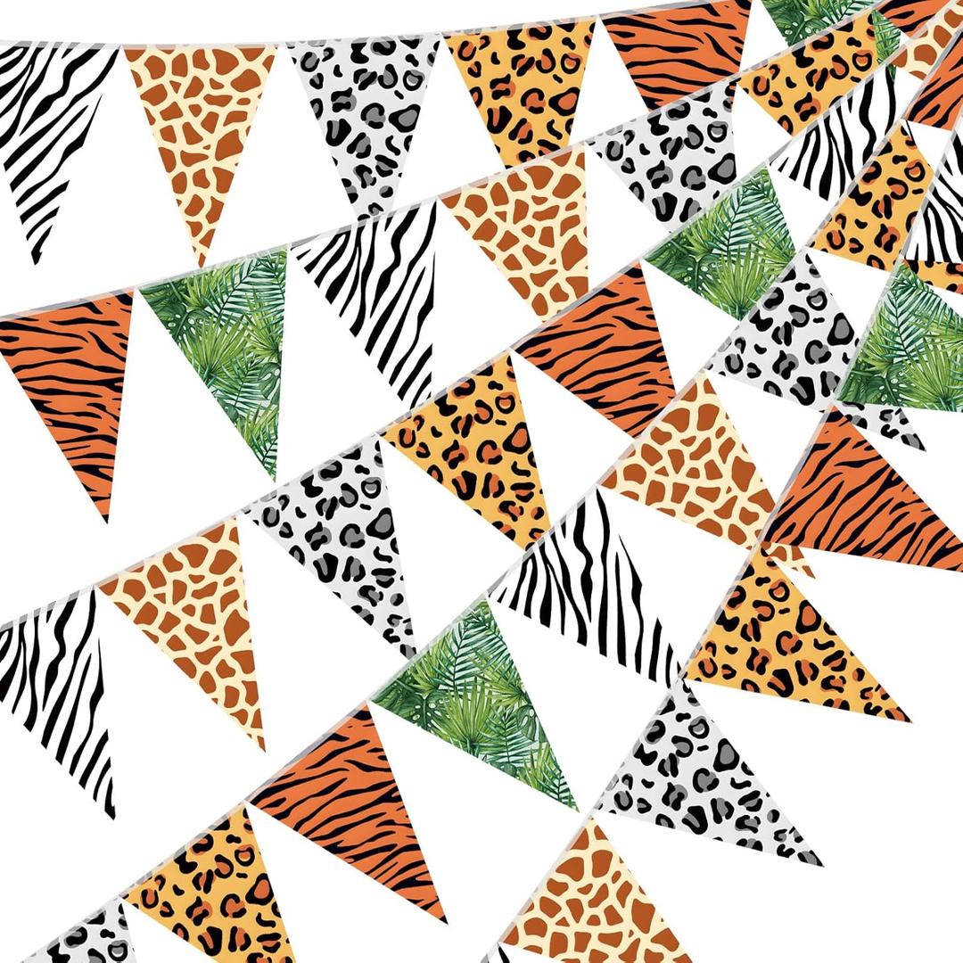 Tiamon 5 Pcs Jungle Zoo Animal Print Decoration Safari Birthday Banner Wild Animal Print Pennant Bunting 49.2 Ft Triangle Flag for Bulletin Board Classroom Decoration Safari Two Wild One Party Supply