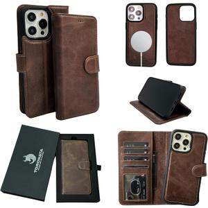 Vegas Wallet Phone Case Compatible with iPhone 15 Pro Max 6.7in  Elegant Full-Grain Leather Phone Case Wallet  Card Holder Wallet RFID Blocking with Kickstand, Card Slots (Dark Brown)