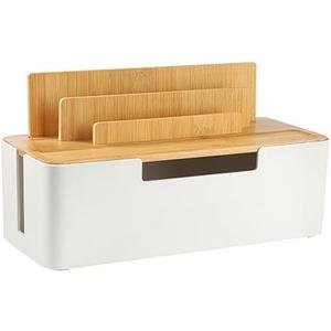 Cable Management Box with Wooden Lid, Multi-Device Organizer for Phones/Tablets/Smartwatches, Desktop Cord Organizer for Tidy Workspace (White)