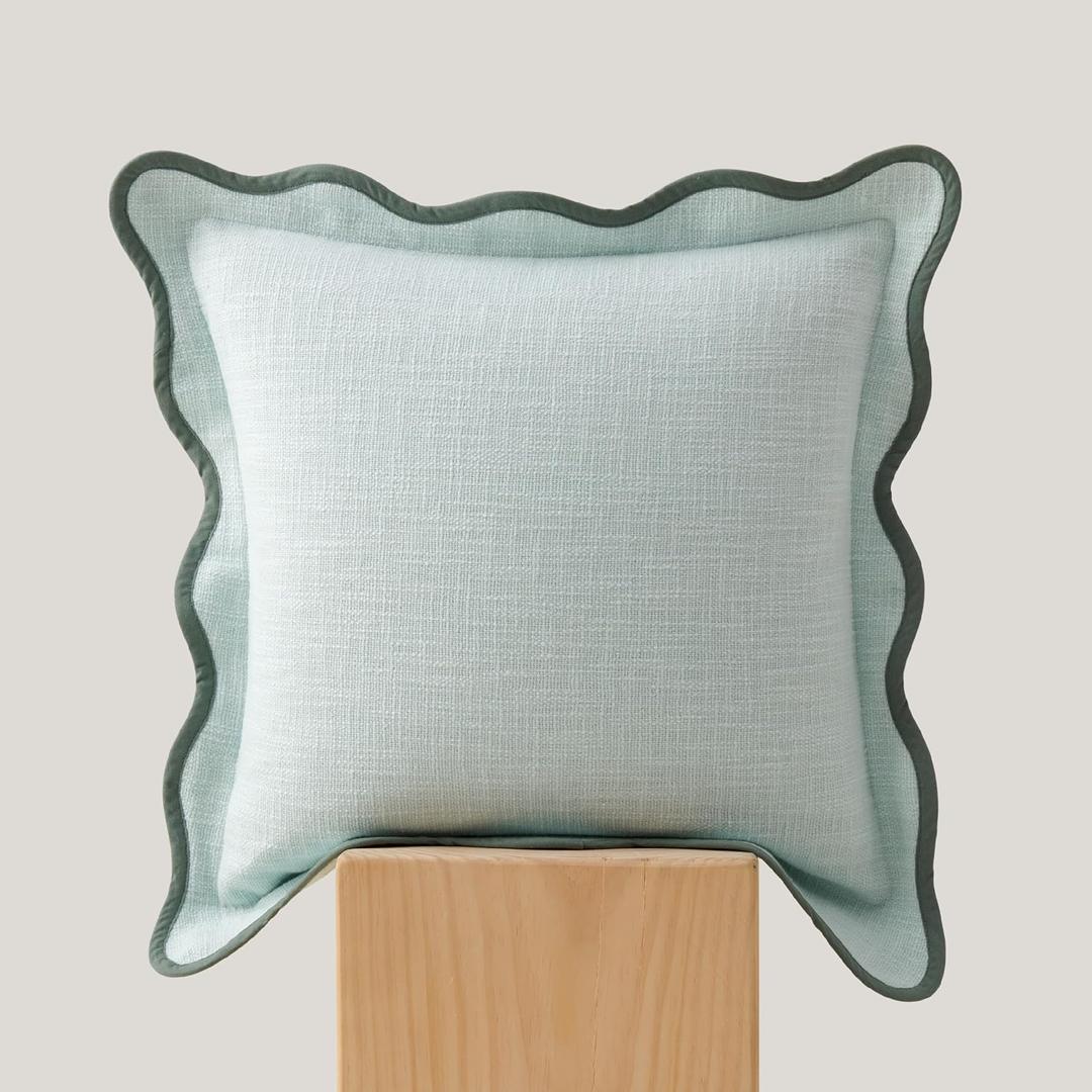 Double Stitch Scalloped Throw Pillow Covers - 100% Cotton Decorative Boho Pillow Covers 20 x 20, Made in India, Square Cushion Case, Modern Home Decor for Couch Sofa Living Room, Misty Blue (Aqua Mint)