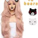 Anogol Hair Cap+ ( 2 Bears ) Light Pink Cosplay Wig Long Synthetic Wig For Girls Costume Party Halloween Christamas Wig With Hair Accessory