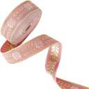 10 Yards Pink Floral Jacquard Ribbon Gold Embroidery Trim Tape Vintage Boho Flower Woven Embroidered Boho Applique Fabric Trimming for Sewing Making Crafts Clothes Dresses Wedding Supply