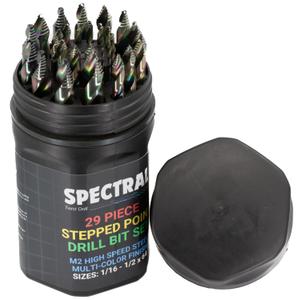 Spectral 29 Piece Stepped Point HSS Drill Bit Set, 1/16"- 1/2", Round Case, 135 Step Point Split Point Tip, M2 Steel, 3-Flat Shank, Multi-Color Finish