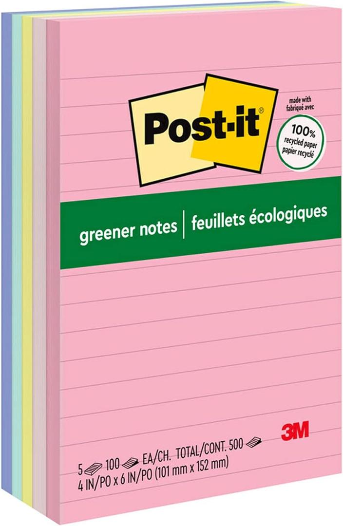 Post-it Greener Notes, 4x6 in, 5 Pads, America's #1 Favorite Sticky Notes, Sweet Sprinkles Collection, Pastel Colors, Clean Removal, 100% Recycled Material