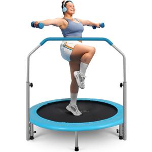 SereneLife 40" Foldable Mini Trampoline - Compact Fitness Trampoline for Kids Adults, Exercise Rebounder with Adjustable Foam Handle, Indoor/ Garden Workout Equipment, Max Load 200 lbs, Sky Blue